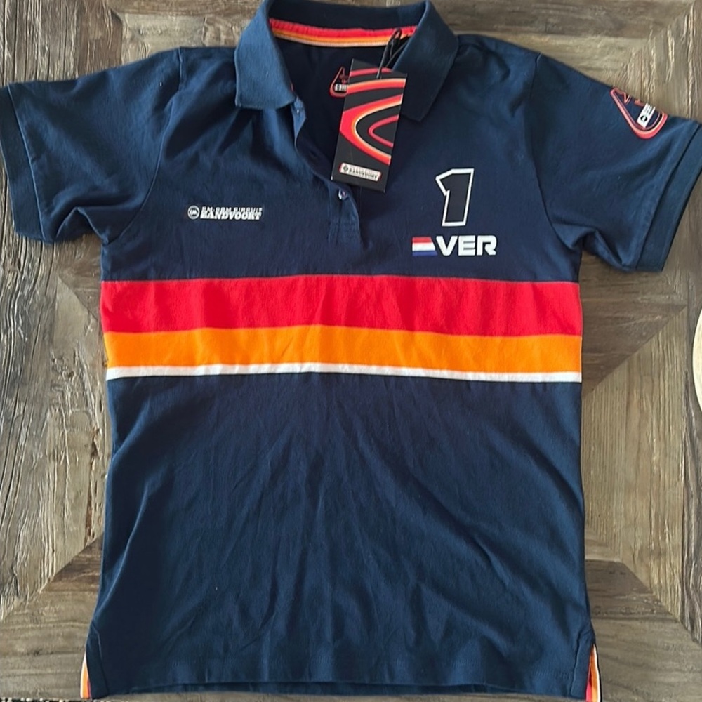 Navy Max Verstappen Polo Shirt with Red and Orange Stripes